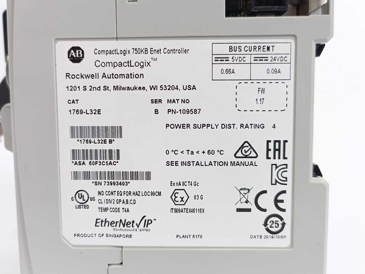 AB 1769-L32E Ser. B; FW. 1.17 CompactLogix 750KB Controller