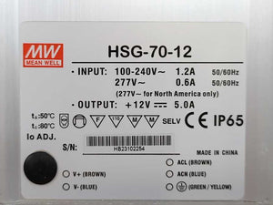 Mean Well HSG-70-12 60W, Input 10-240V 1.2A 277V 0,6V; Output 12V 5,0A