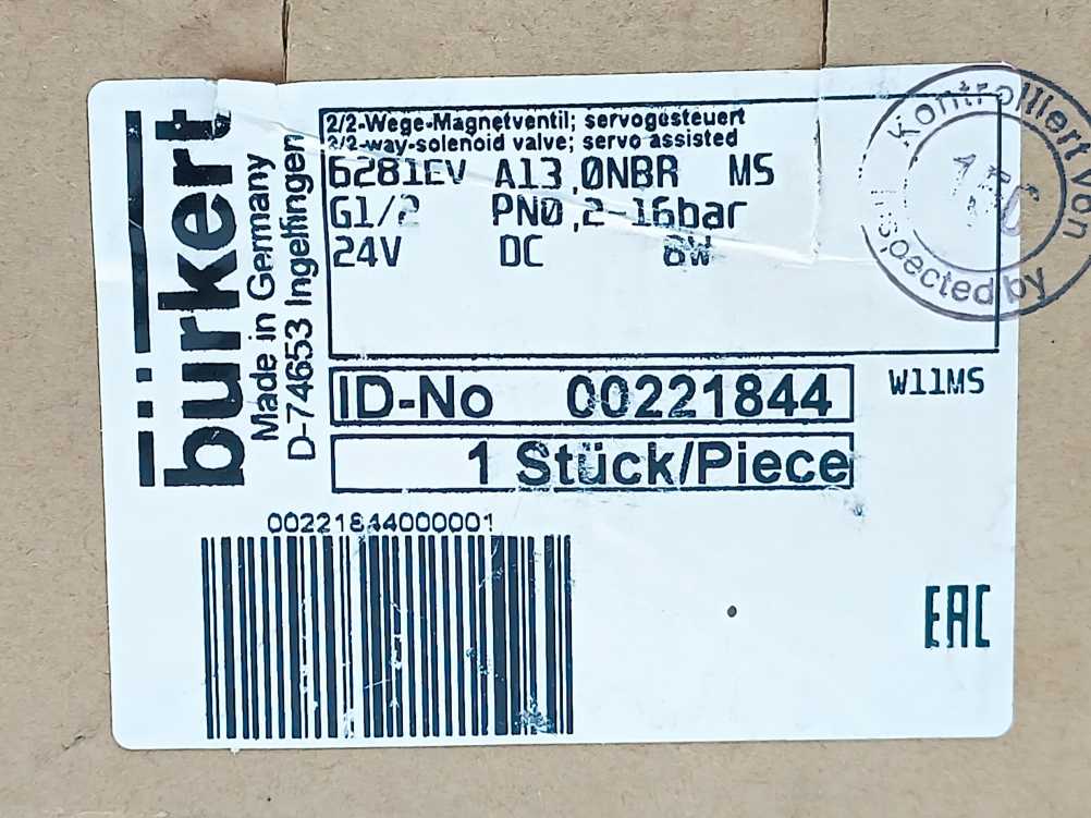 Bürkert 00221844 2/2-WAY NC SOLENOID VALVE; SERVO-ASSISTED