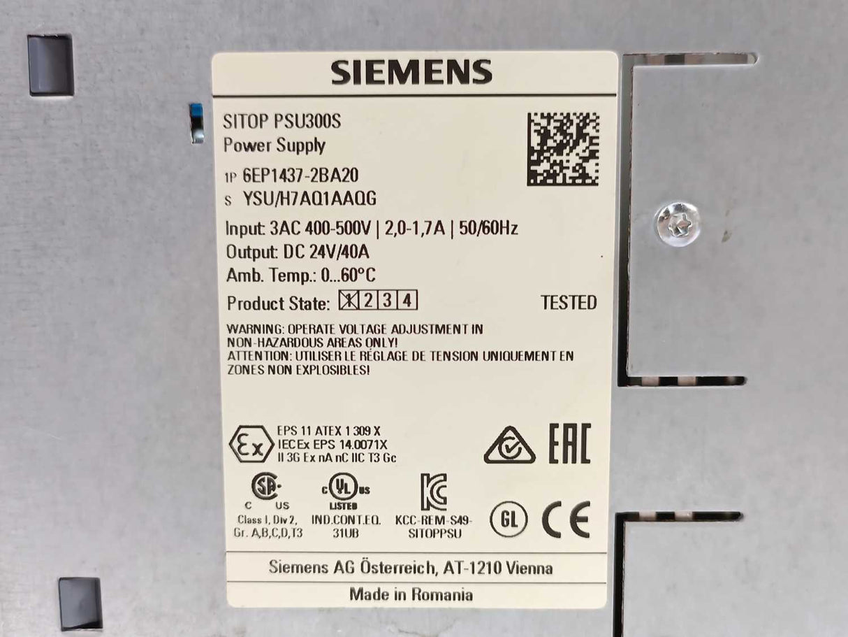 Siemens 6EP1437-2BA20 SITOP PSU 300S 24VDC 40A