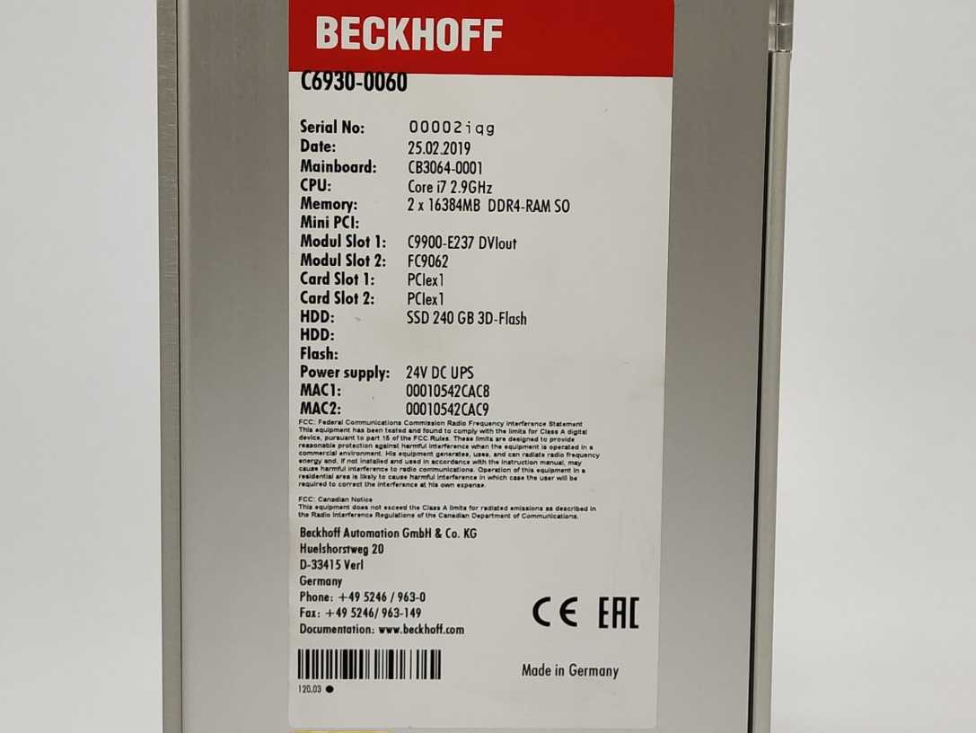 Beckhoff C6930-0060 Control cabinet Industrial PC, W: MZ-7KH2400