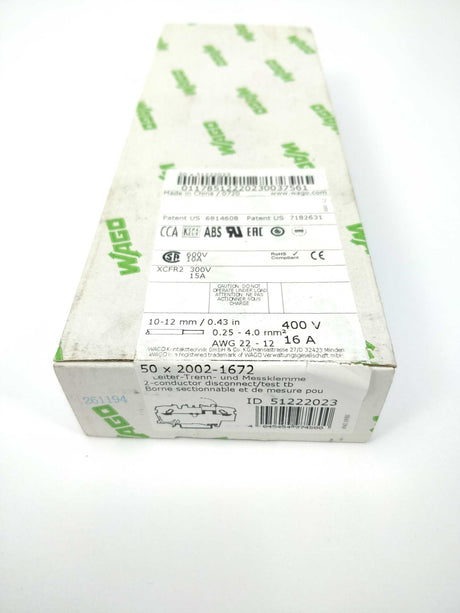 Wago 2002-1672 51222023 2-conductor disconnect/test tb Pack of 50