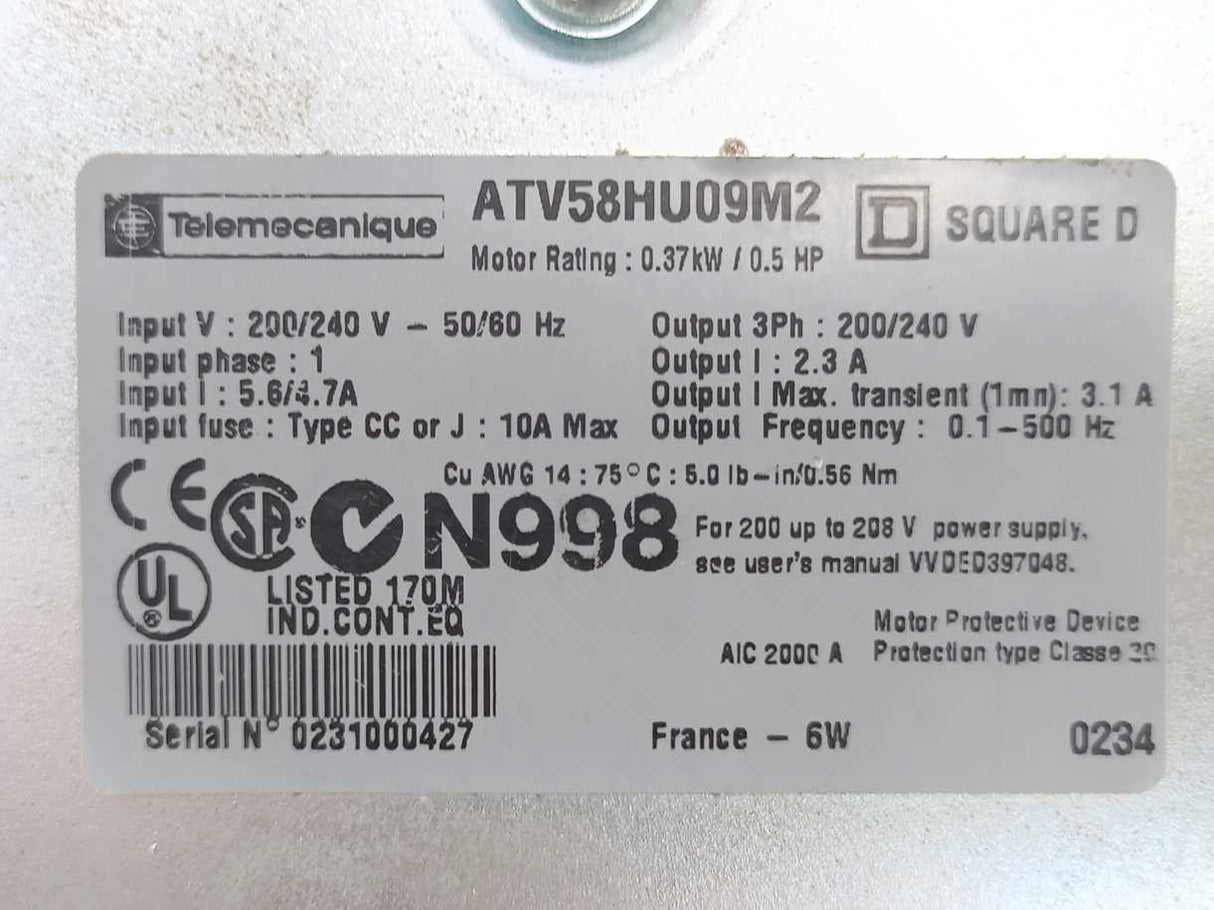 TELEMECANIQUE ATV58HU09M2 Square D Altivar 58 Variable Speed Drive 0.37kW/0.5HP