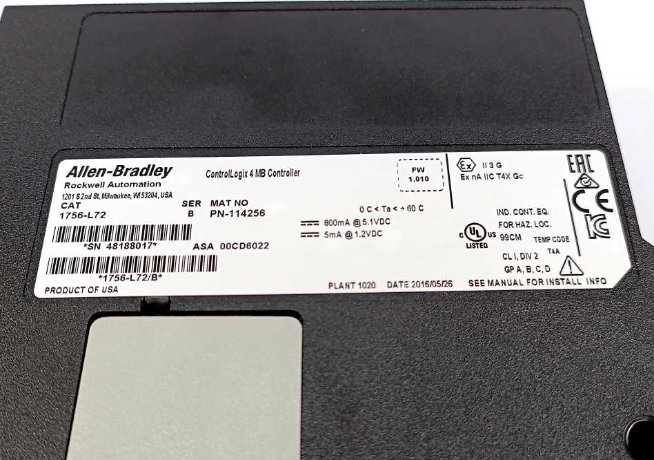 AB 1756-L72 Ser. B ; FW. 1.010 ; ControlLogix 4 MB Controller