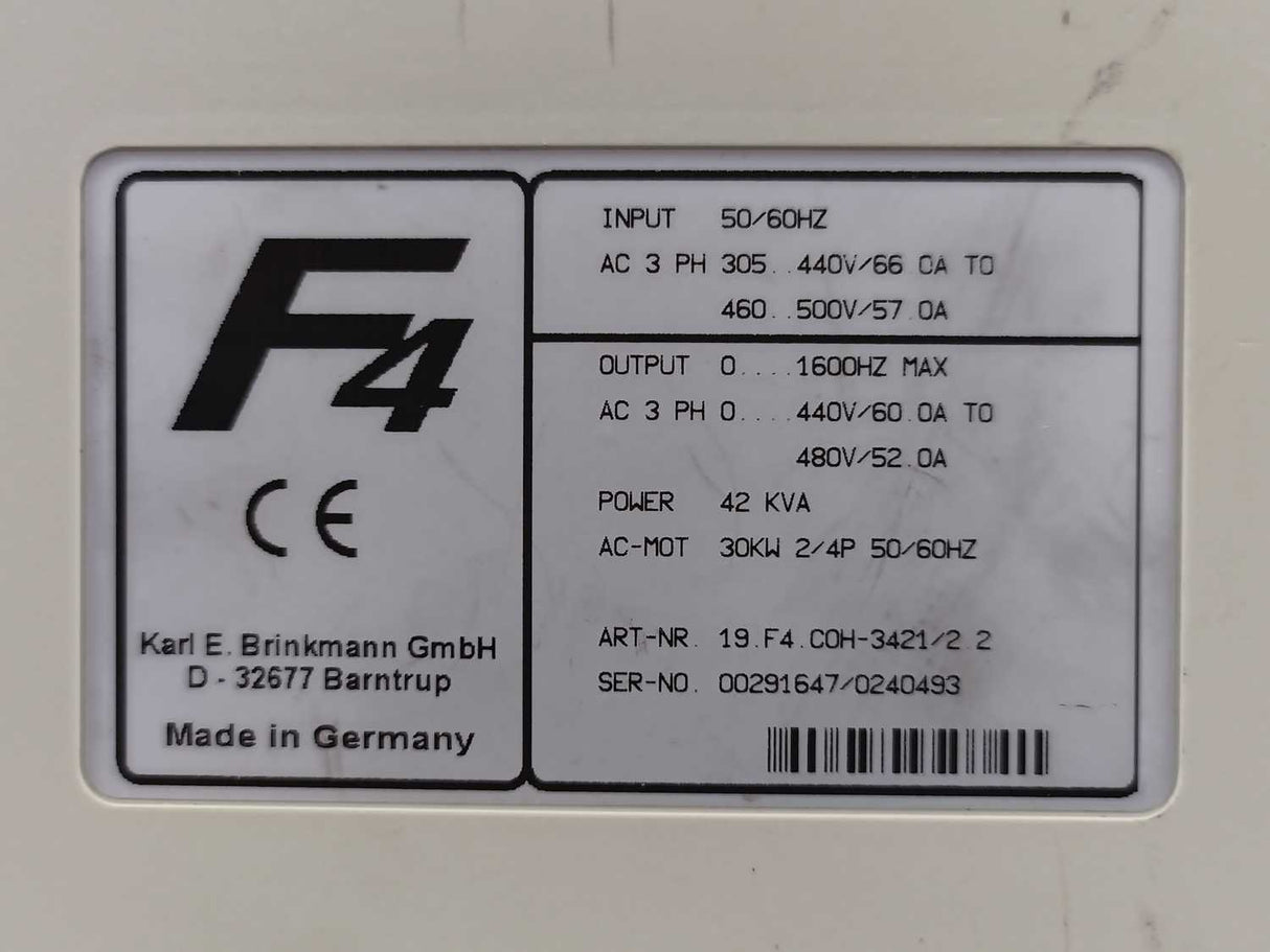 KEB COMBIVERT 19.F4.COH-3421/2.2 3PH, 30KW, 42KVA, 440V, Missing Control Board