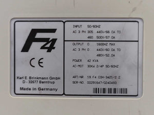 KEB COMBIVERT 19.F4.COH-3421/2.2 3PH, 30KW, 42KVA, 440V, Missing Control Board