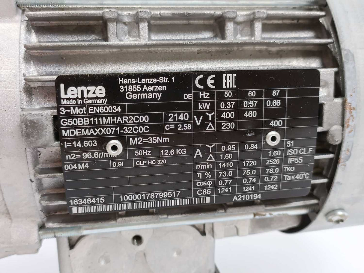 LENZE G50BB111MHAR2C00 Gearbox Motor i=14.603 50Hz n2=96.6r/min