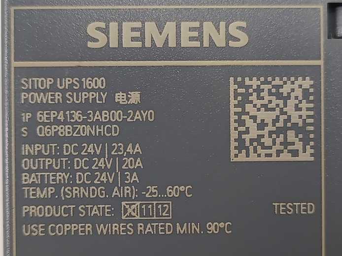 Siemens 6EP4136-3AB00-2AY0 Sitop UPS1600 24V/20A Power Supply
