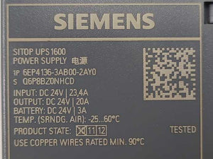 Siemens 6EP4136-3AB00-2AY0 Sitop UPS1600 24V/20A Power Supply