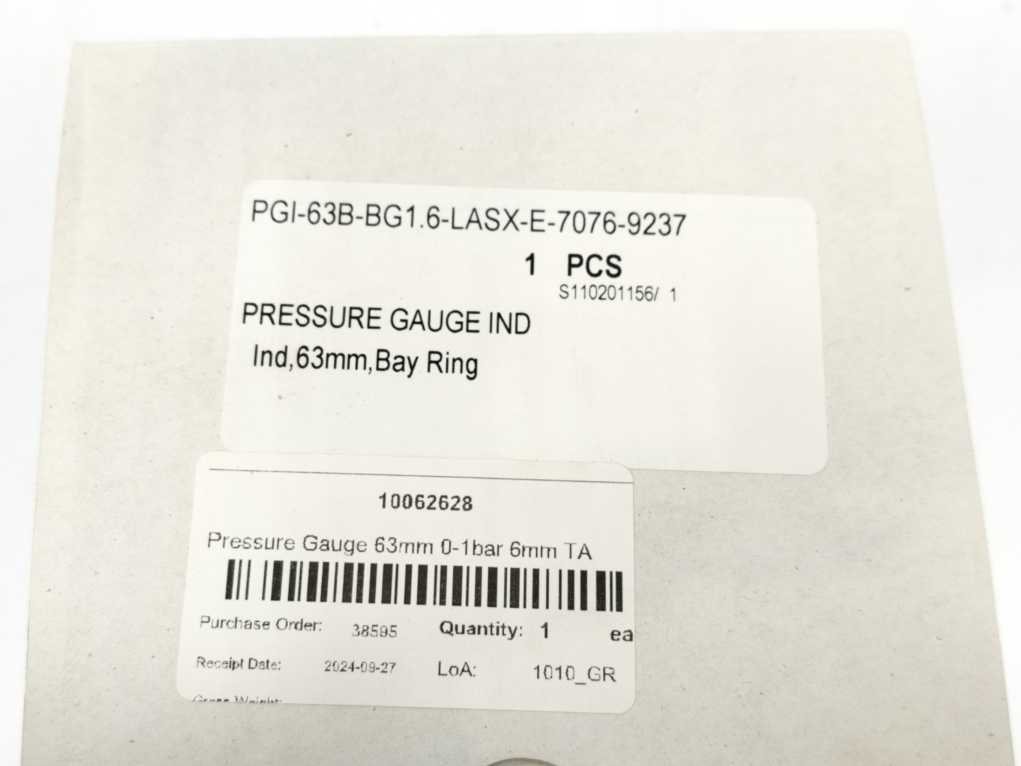 Swagelok PGI-63B-BG1.6-LASX-E-7076-9237 Pressure Gauge 63 mm Dial Size