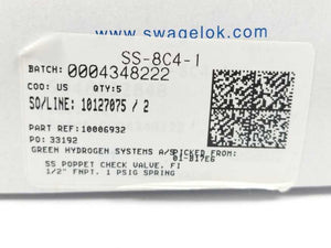 Swagelok SS-8C4-1 Stainless Steel Poppet Check Valve 5pcs.