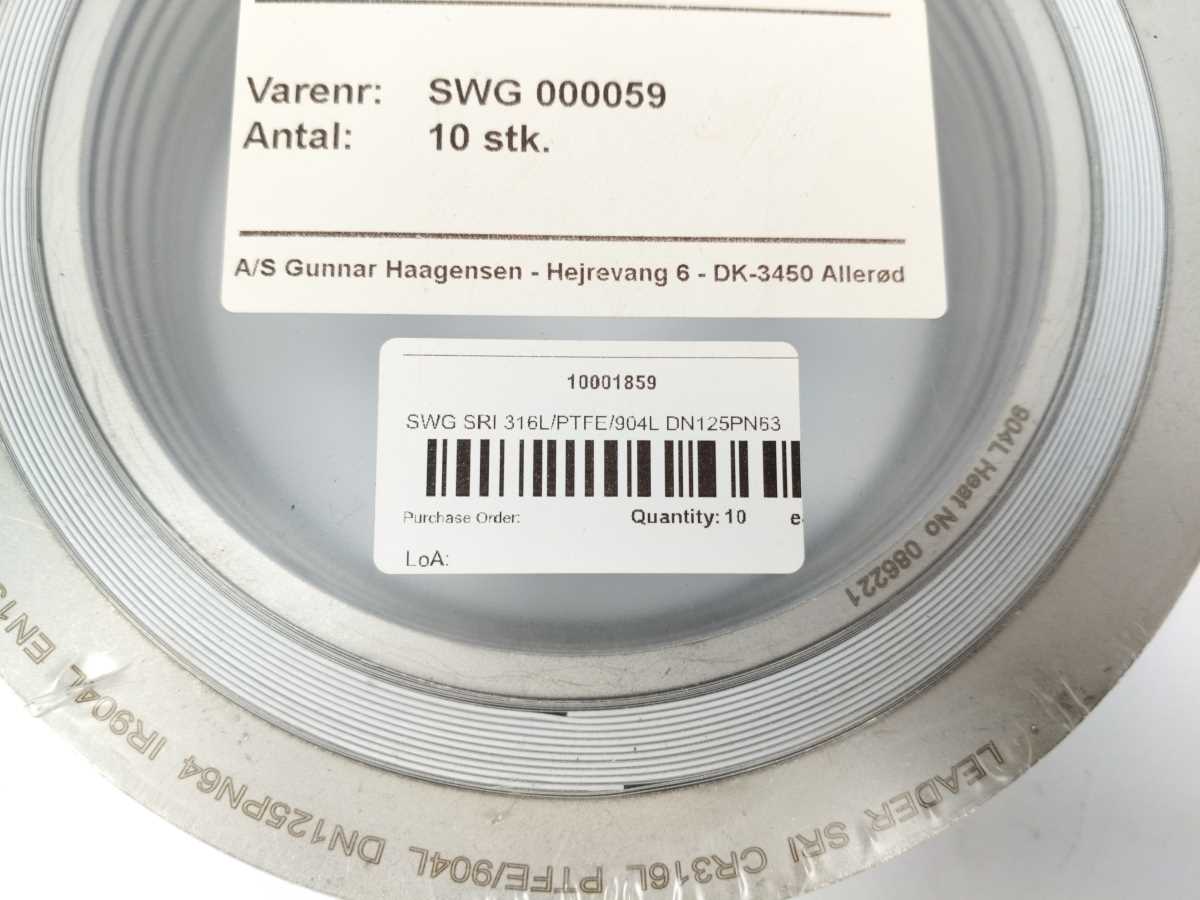 LEADER SRI CR316L PTFE/904L DN125PN64 IR904L Spiral Wound Gasket 10 Stks.