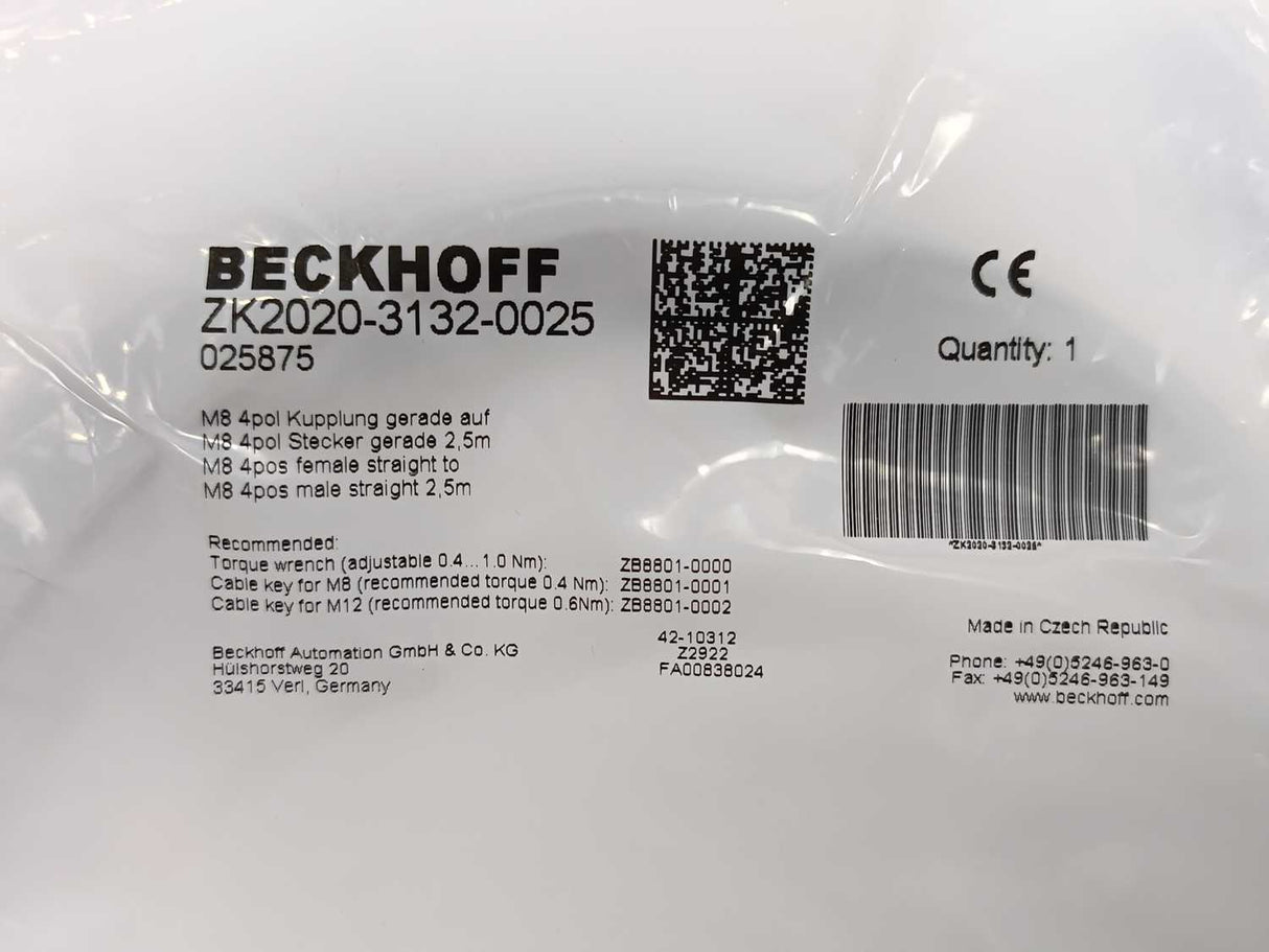 Beckhoff ZK2020-3132-0025 Power Cable 2.50 m, M8 4pos female to M8 4pos Male