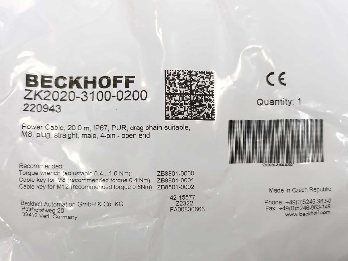 Beckhoff ZK2020-3100-0200 Power Cable 20.00 m, M8, plug, straight, male, 4-pin