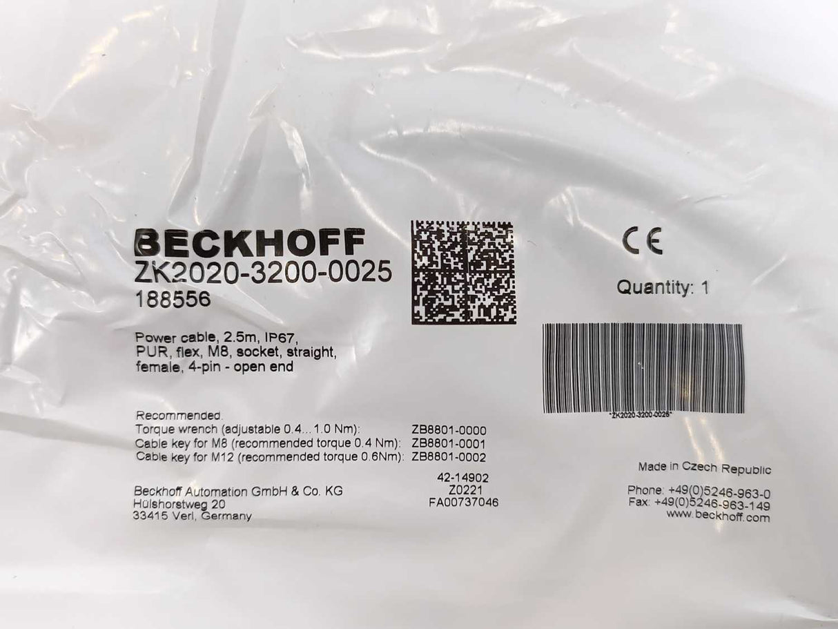 Beckhoff ZK2020-3200-0025 Power Cable 2.50 m, PUR, flex, M8, socket, straight