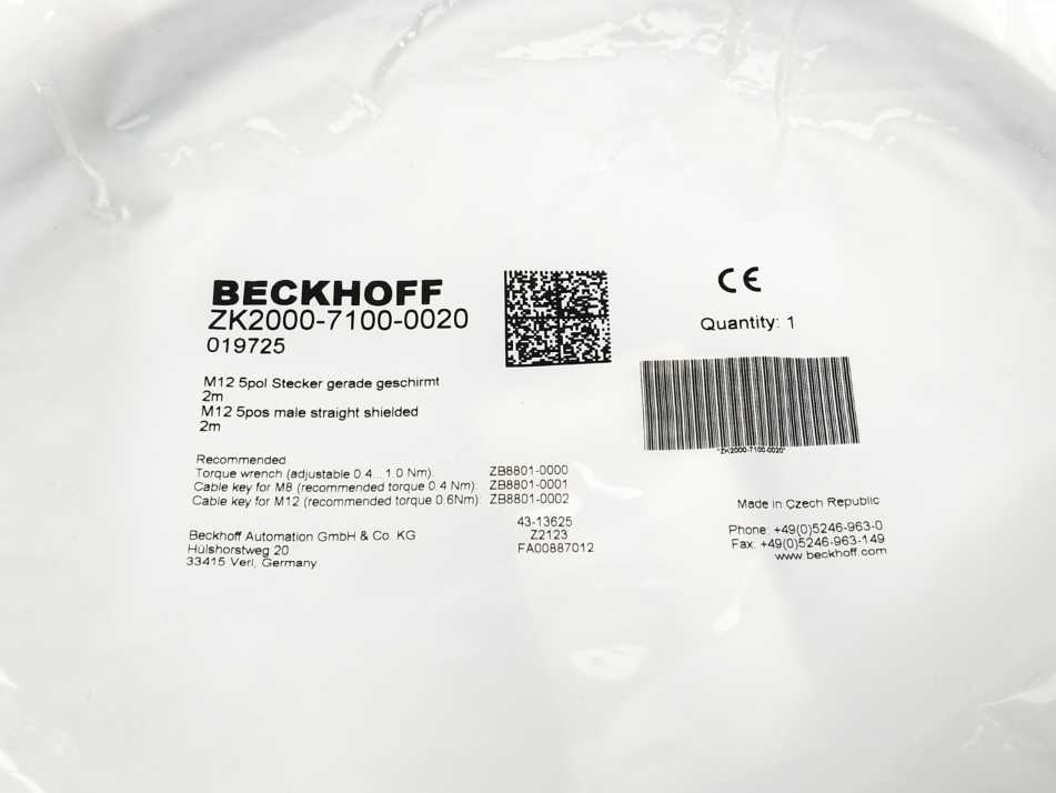 Beckhoff ZK2000-7100-0020 Power Cable 2.00 m, M12 5pos male straight shielded