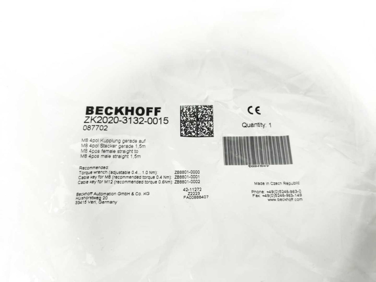 Beckhoff ZK2020-3132-0015 Power Cable 1.50 m, M8 4pos female to M8 4pos male