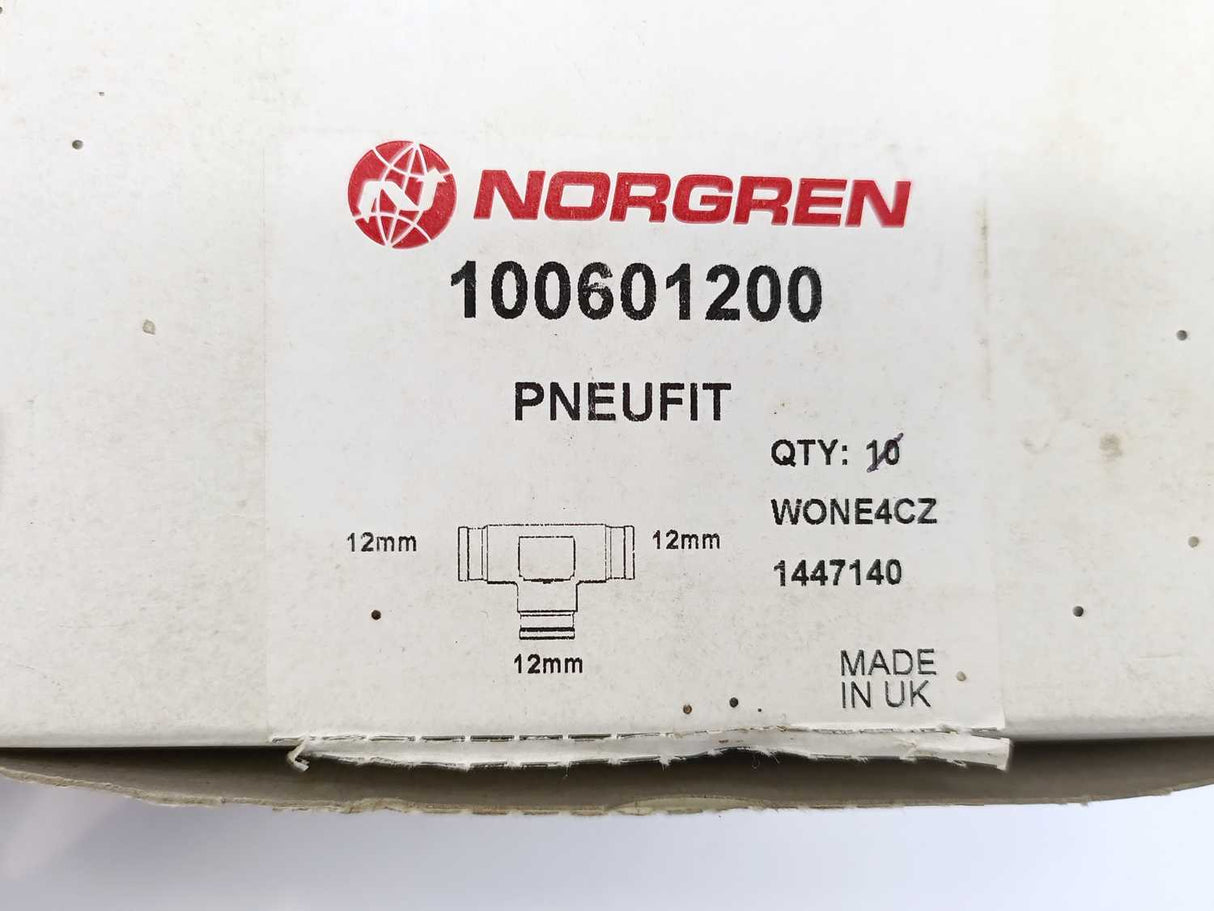 NORGREN 100601200 PNEUFIT Pneumatic Push-In Tee Fitting, 12 mm, Batch of 7 pcs.