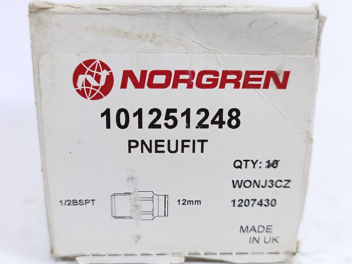 NORGREN 101251248 PNEUFIT Push-In Fitting 12mm, 1/2 BSPT, Batch of 8 pcs.