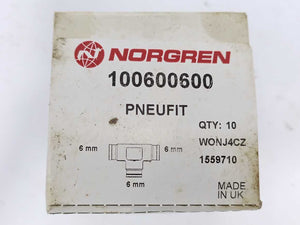 NORGREN 100600600 PNEUFIT Push-In Fitting, Union Tee, 6mm, Batch of 10 pcs.