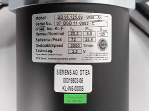 BOB Elektro. BB 96.125.69-VN5-S1 Siemens 00318603-06 Servo Motor, 1200W, 120V DC