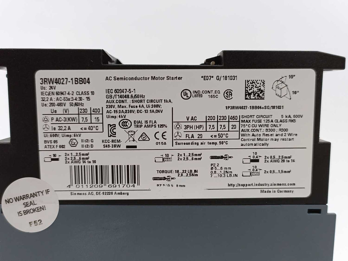 Siemens 3RW4027-1BB04 SIRIUS Soft Starter 200-480V 50/60Hz