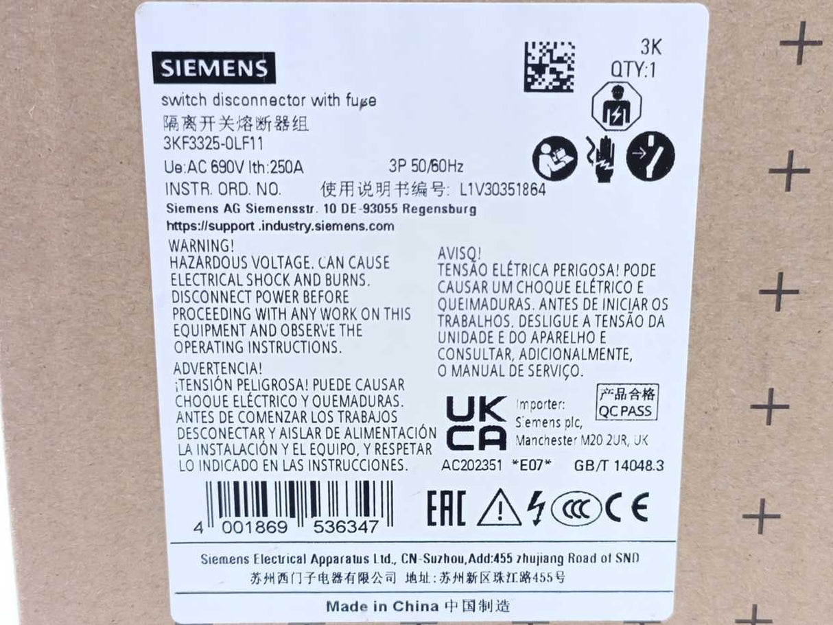 Siemens 3KF3325-0LF11 Switch Disconnector with Fuse 250A