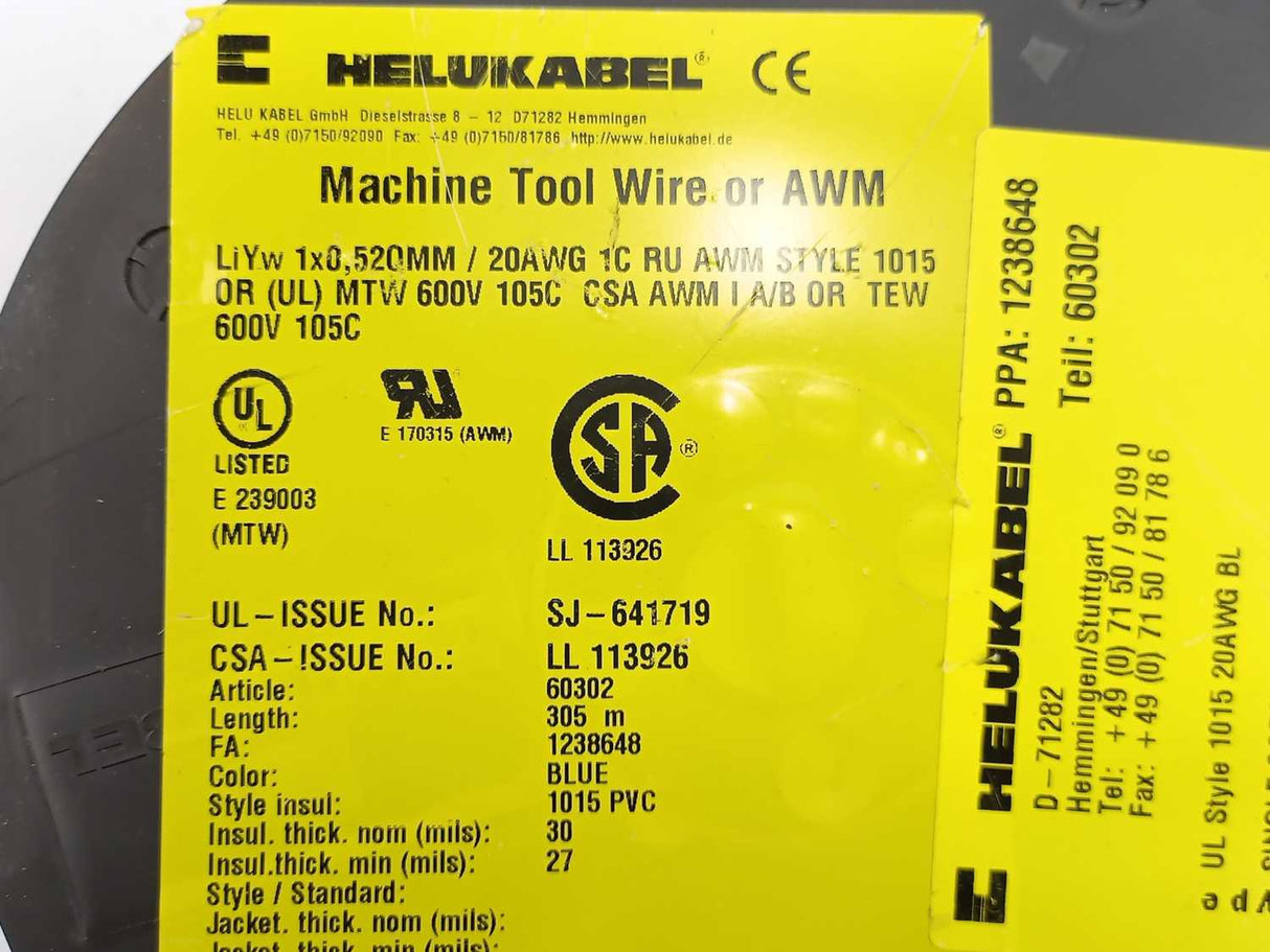 HELUKABEL 60302 Single Core UL Style 1015 20AWG Wire. 300m Spool
