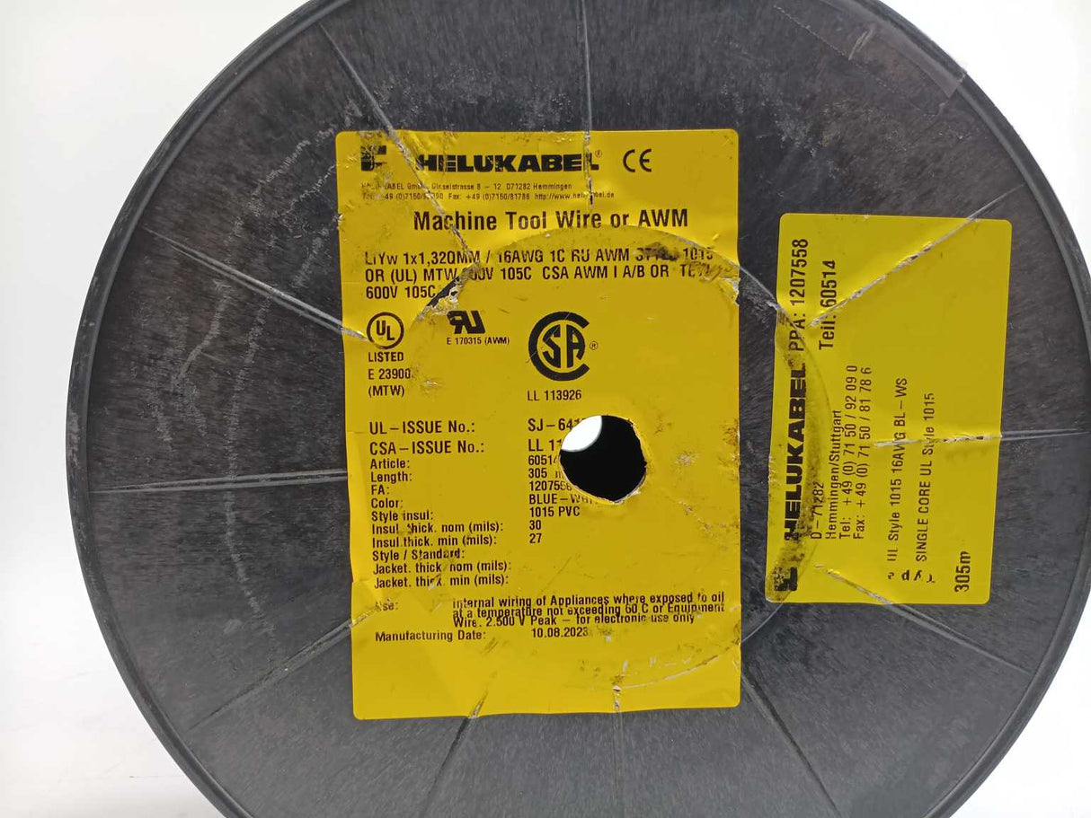HELUKABEL 60514 Single Core UL Style 1015 16AWG Wire. 150m Spool