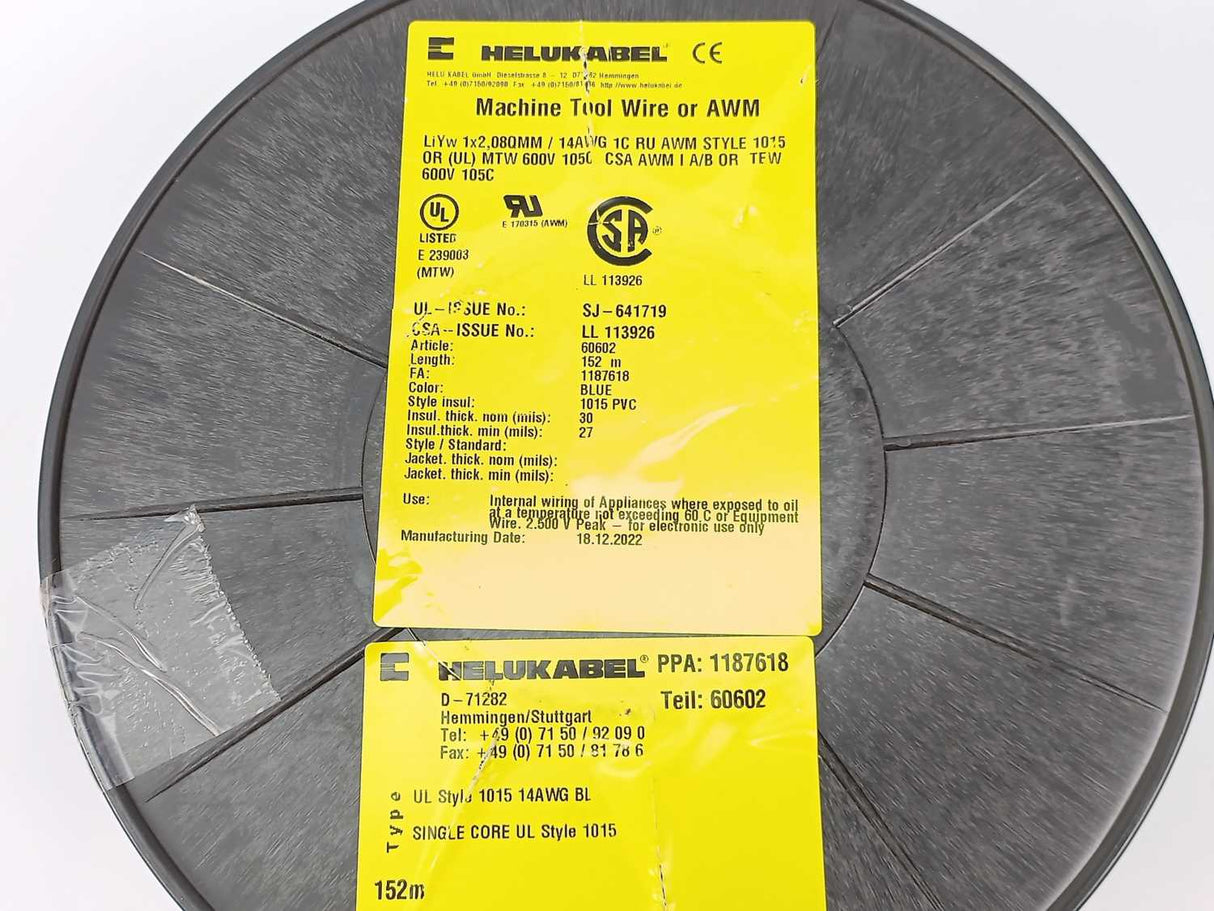 HELUKABEL 60602 Single Core UL Style 1015 14AWG Wire. 152m Spool