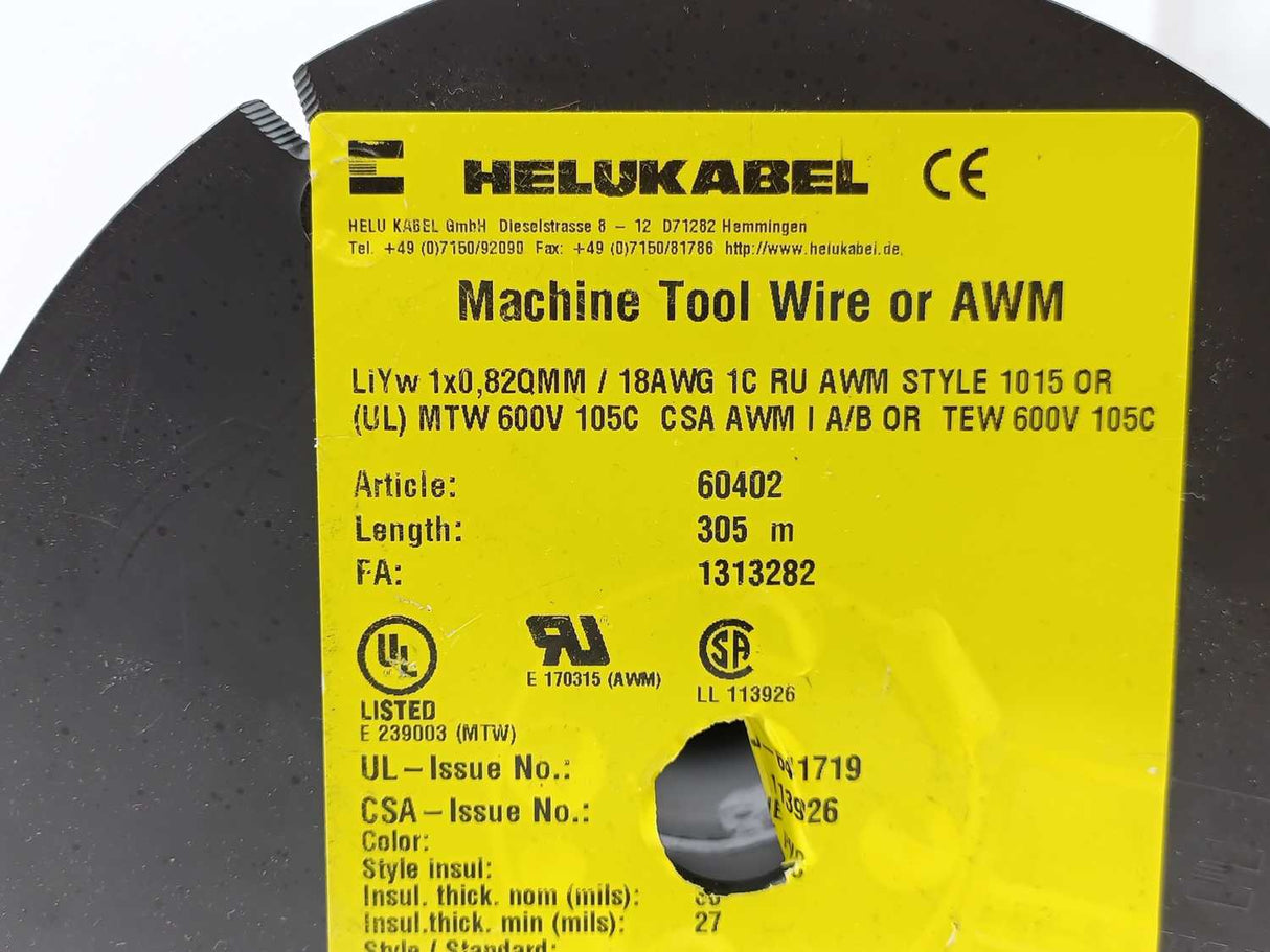 HELUKABEL 60402 Single Core UL Style 1015 18AWG Wire. 250m Spool