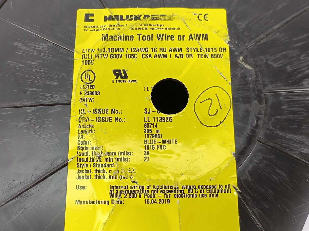 HELUKABEL 60714 Single Core UL Style 1015 12AWG Wire. 150m Spool