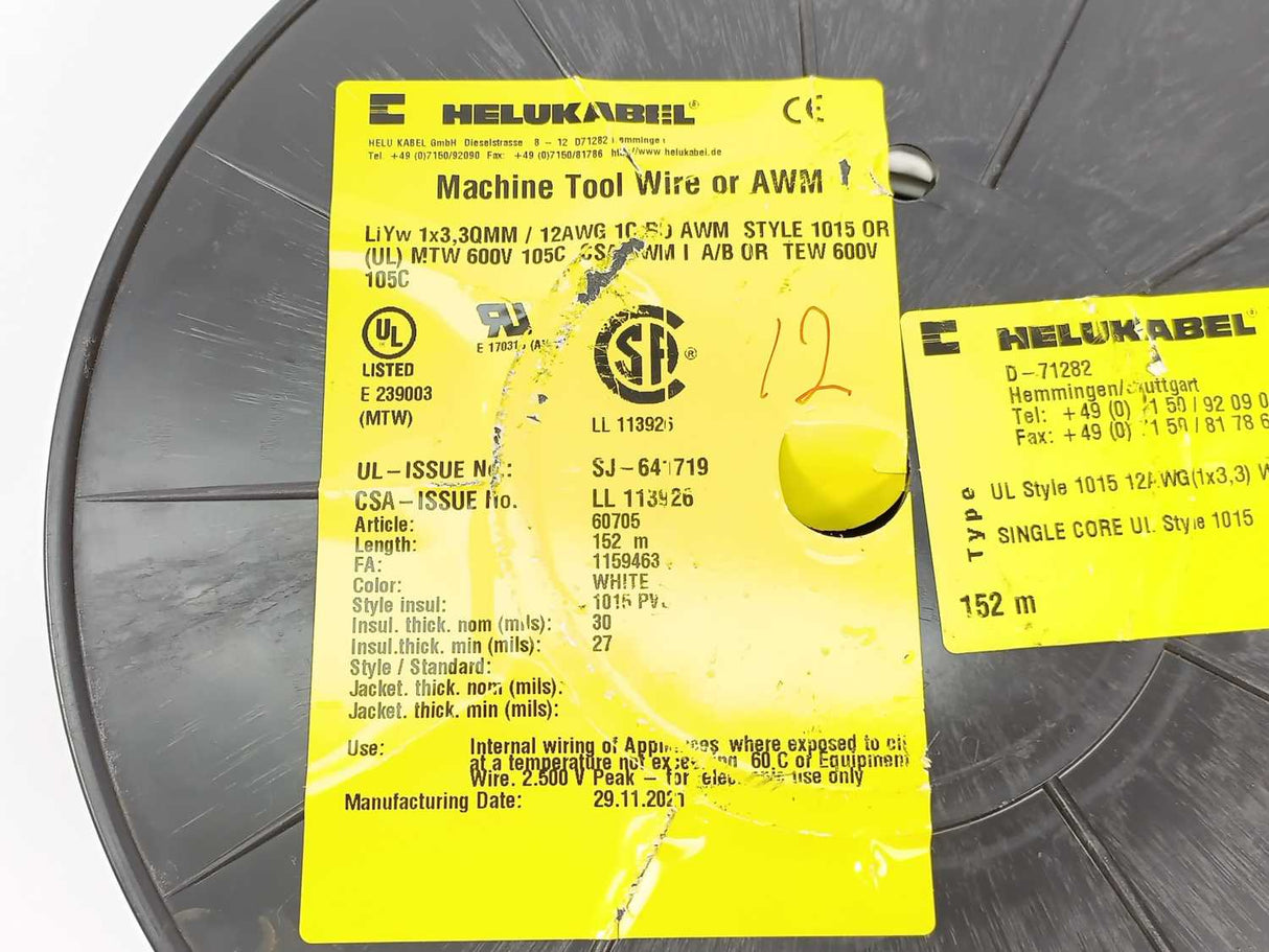HELUKABEL 60705 Single Core UL Style 1015 12AWG Wire. 100m Spool
