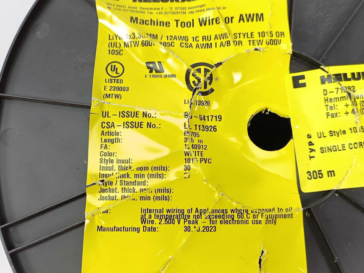 HELUKABEL 60705 Single Core UL Style 1015 12AWG Wire. 280m Spool