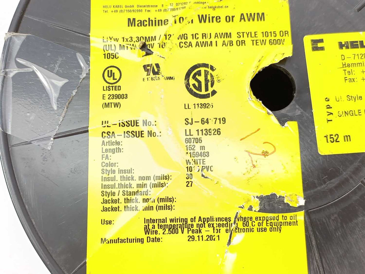 HELUKABEL 60705 Single Core UL Style 1015 12AWG Wire. 98m Spool
