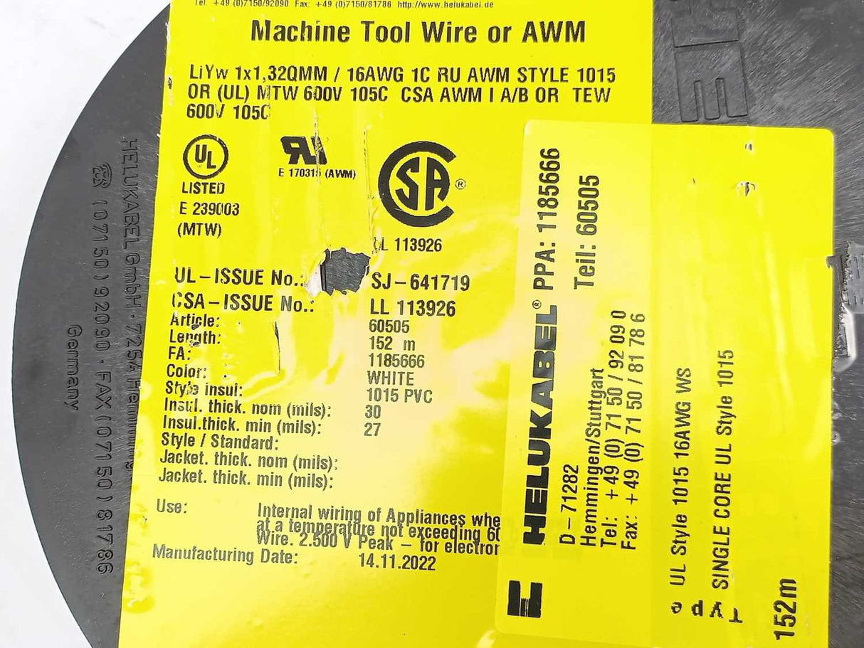 HELUKABEL 60505 Single Core UL Style 1015 16AWG Wire. 152m Spool