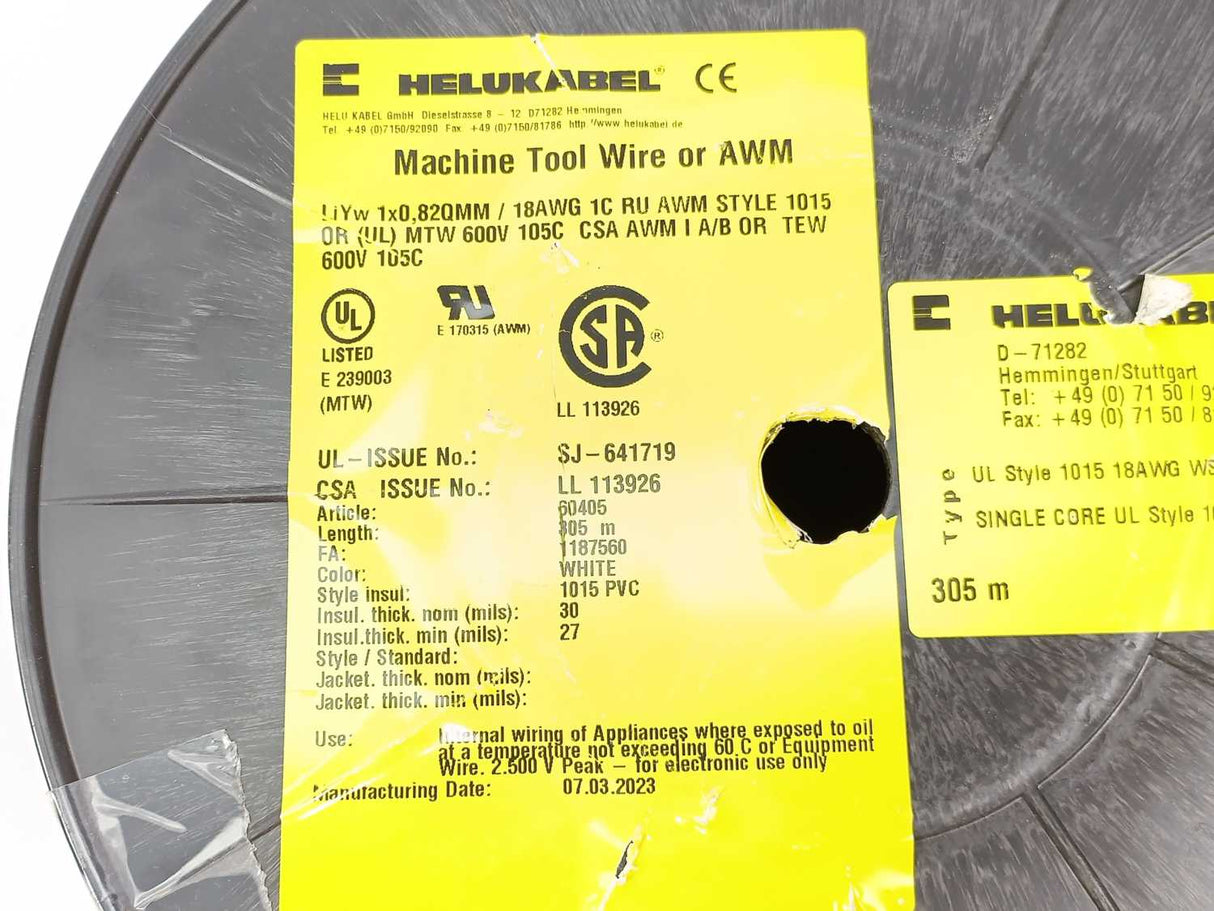HELUKABEL 60405 Single Core UL Style 1015 18AWG Wire. 280m Spool