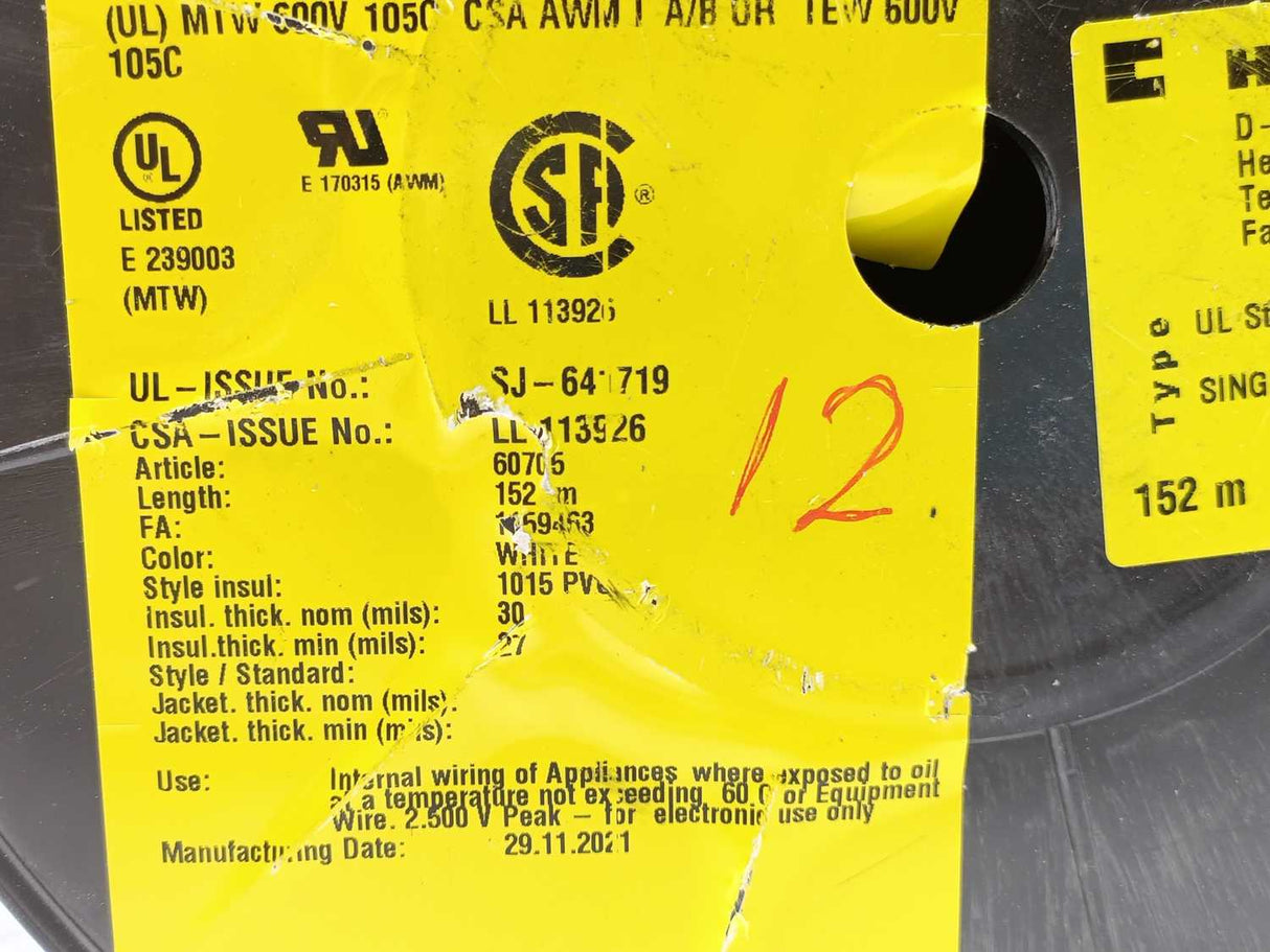 HELUKABEL 60705 Single Core UL Style 1015 12AWG Wire. 80m Spool