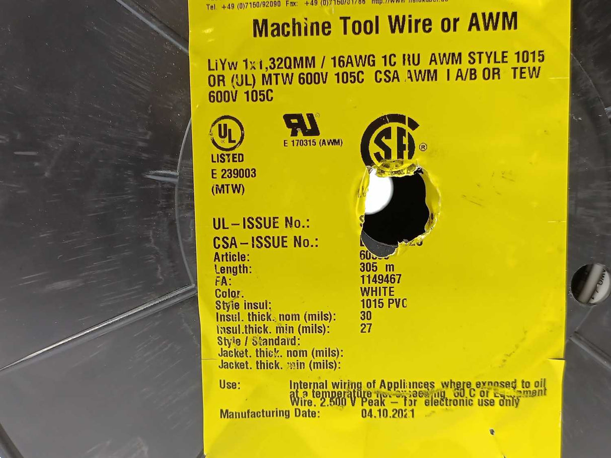 HELUKABEL 60505 Single Core UL Style 1015 16AWG Wire. 280m Spool