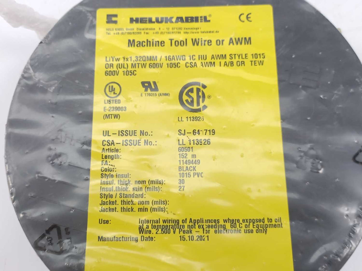 HELUKABEL 60501 Single Core UL Style 1015 16AWG Black Wire. 152m Spool