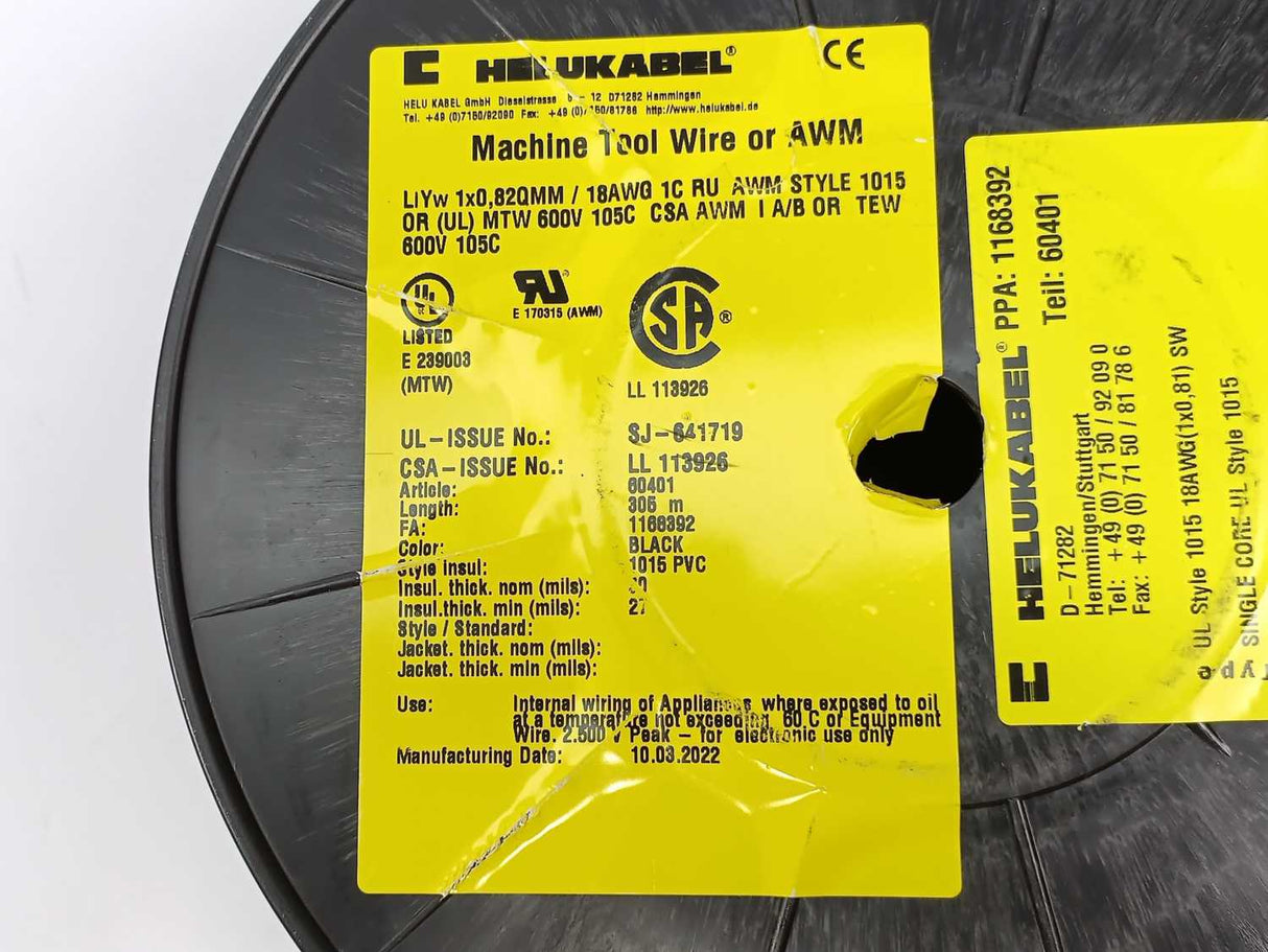 HELUKABEL 60401 Single Core UL Style 1015 18AWG Black Wire. 305m Spool