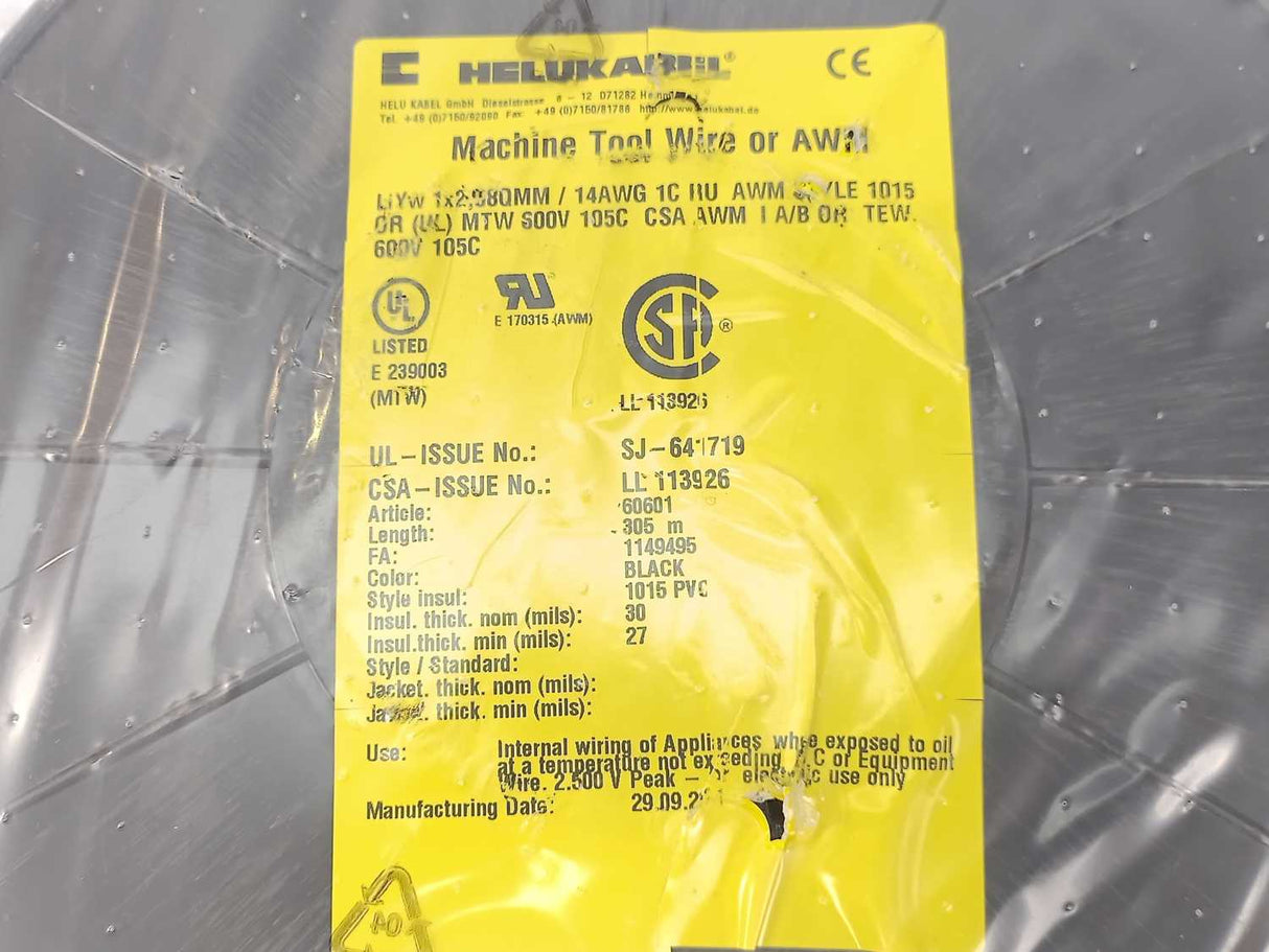 HELUKABEL 60601 Single Core UL Style 1015 14AWG Black Wire. 305m Spool