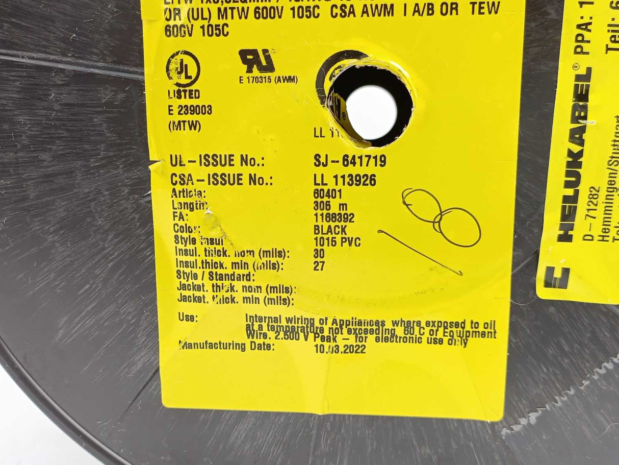 HELUKABEL 60401 Single Core UL Style 1015 18AWG Black Wire. 200m Spool