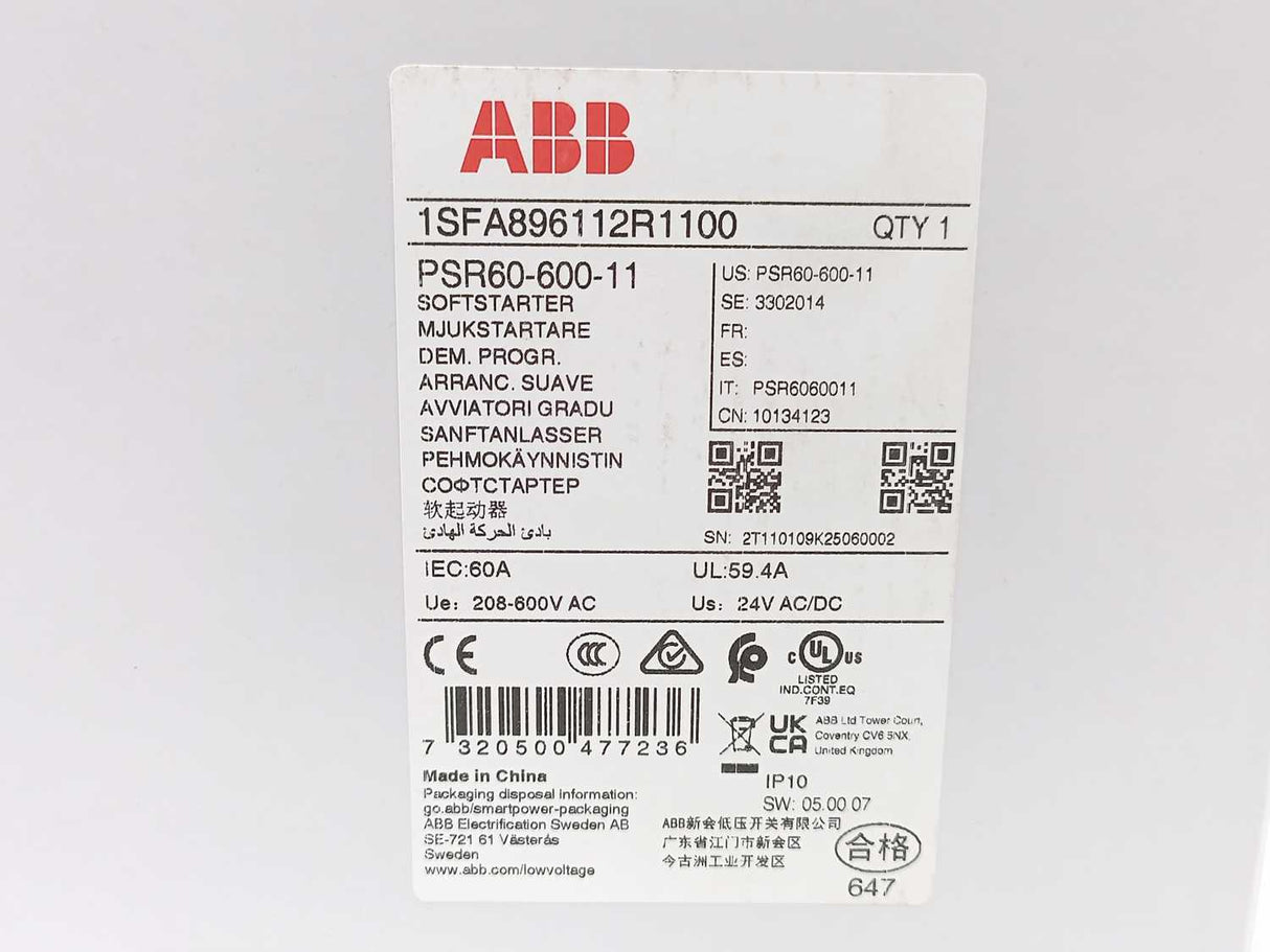 ABB 1SFA896112R1100 PSR60-600-11 Softstarter, 60 A, 208-600 V AC
