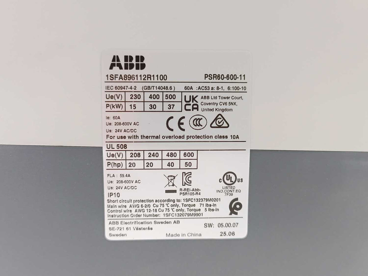 ABB 1SFA896112R1100 PSR60-600-11 Softstarter, 60 A, 208-600 V AC