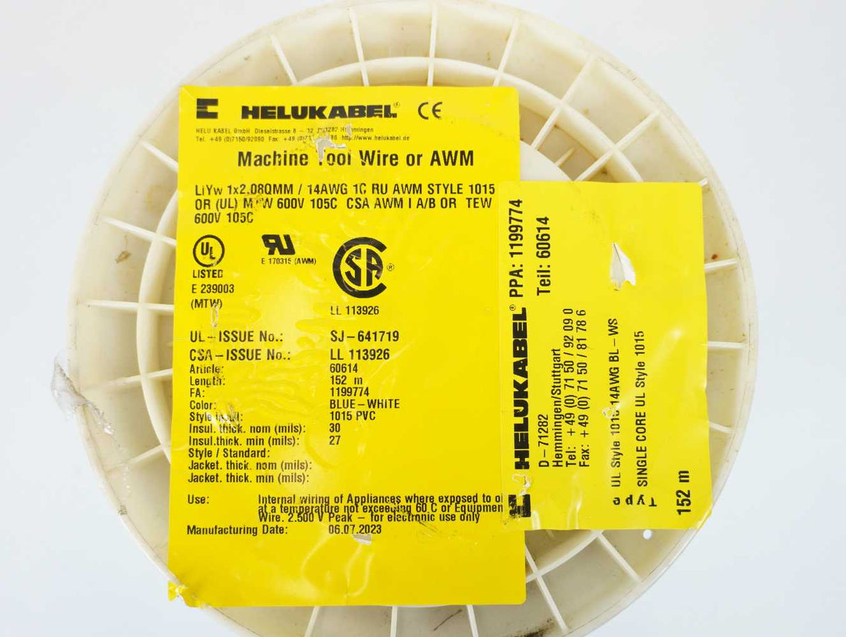 HELUKABEL 60614 Machine Tool Wire / AWM LiYw 1x2.08QMM 14AWG 1C Blue-White 252m