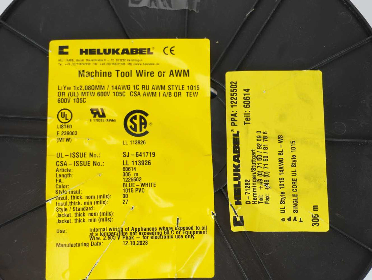 HELUKABEL 60614 Machine Tool Wire AWM LiYw 1x2.08QMM 14AWG 1C Blue-White 305m