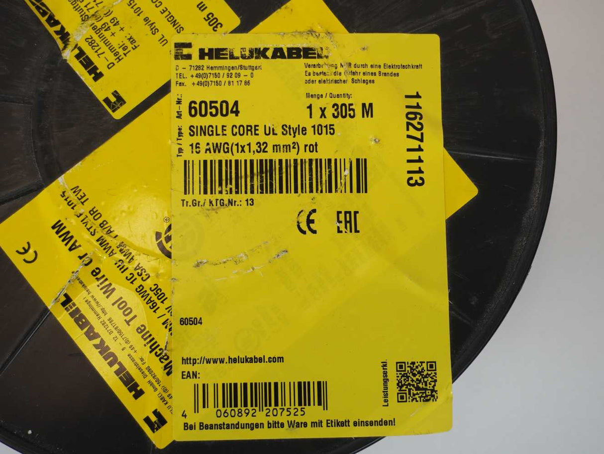 HELUKABEL 60504 Single Core UL Style 1015 16 AWG (1x1.32 mm²) Red 305m