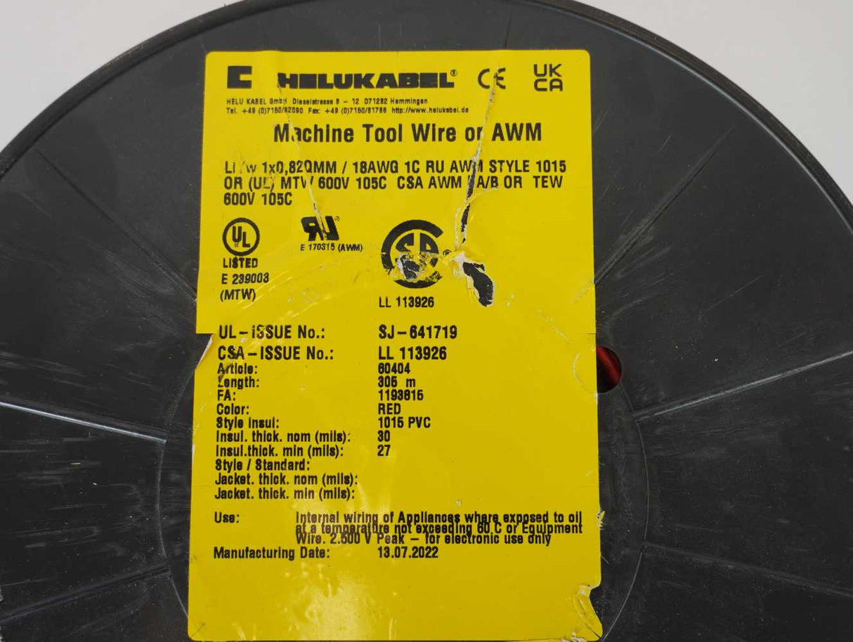 HELUKABEL 60404 Machine Tool Wire / AWM LiYw 1x0.82QMM 18AWG 1C Red 305m.