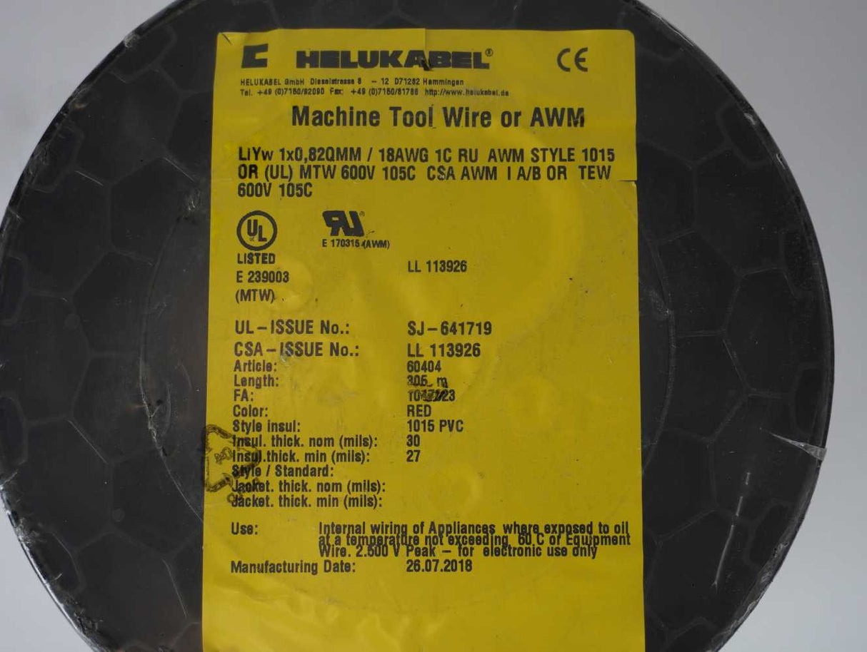 HELUKABEL 60404 UL-CSA 600V AWG 18 Style 1015 Single Core Cable Red 305m